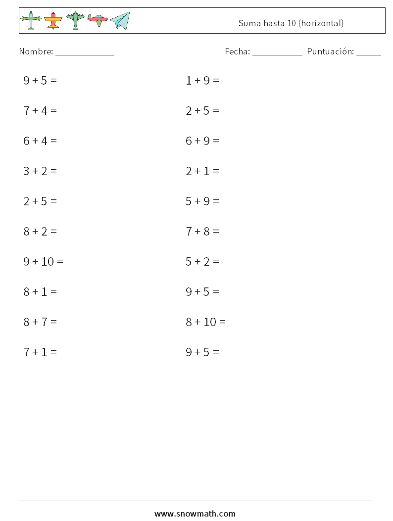 (20) Suma hasta 10 (horizontal) Hojas de trabajo de matemáticas 6