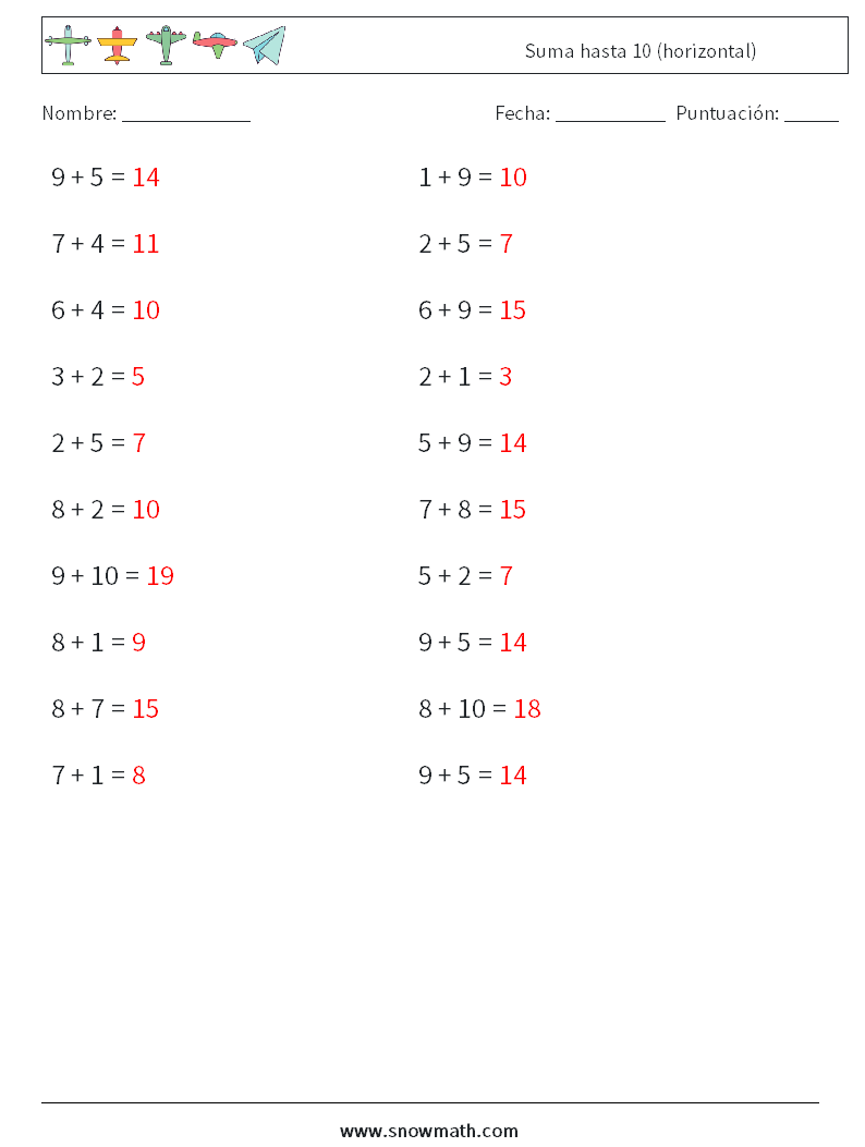 (20) Suma hasta 10 (horizontal) Hojas de trabajo de matemáticas 6 Pregunta, respuesta