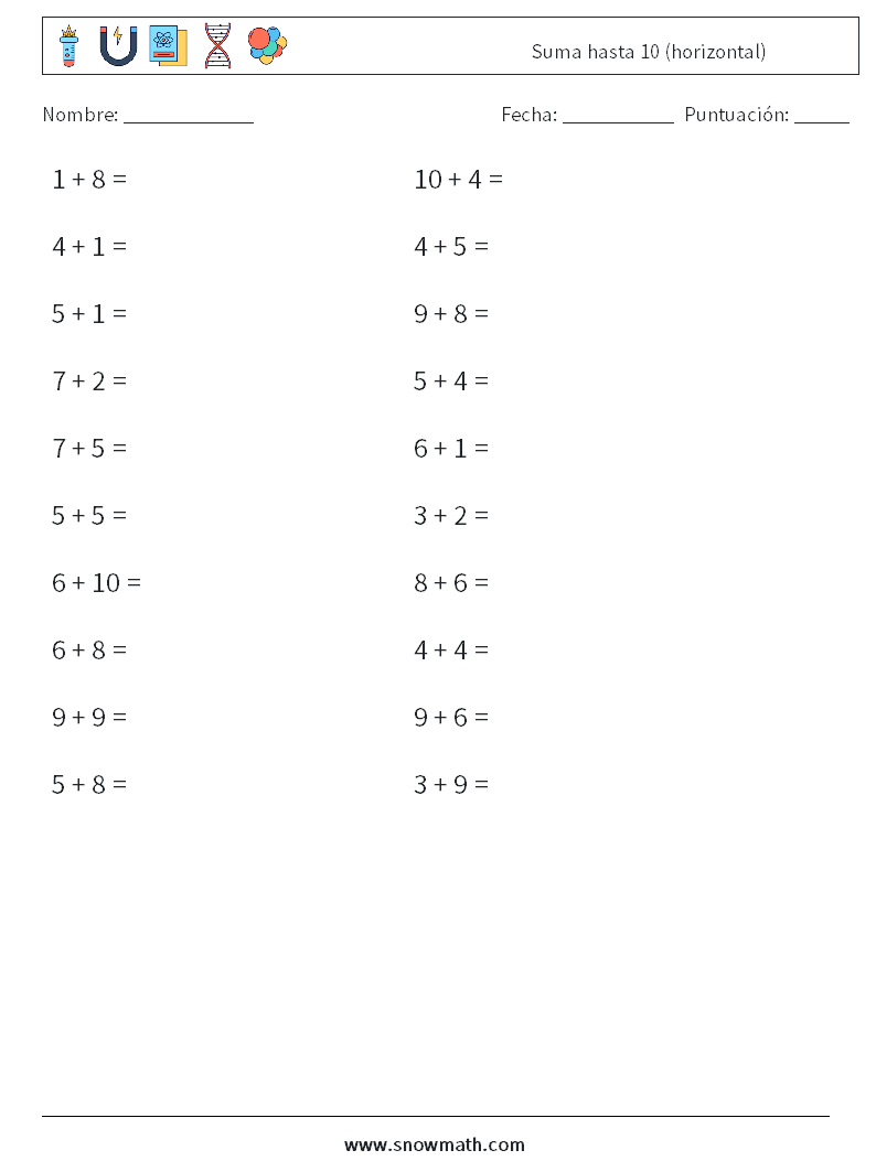 (20) Suma hasta 10 (horizontal) Hojas de trabajo de matemáticas 7