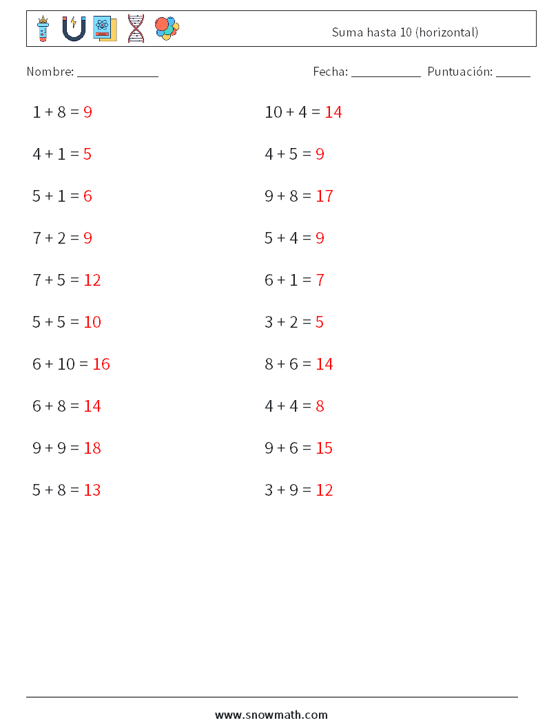 (20) Suma hasta 10 (horizontal) Hojas de trabajo de matemáticas 7 Pregunta, respuesta
