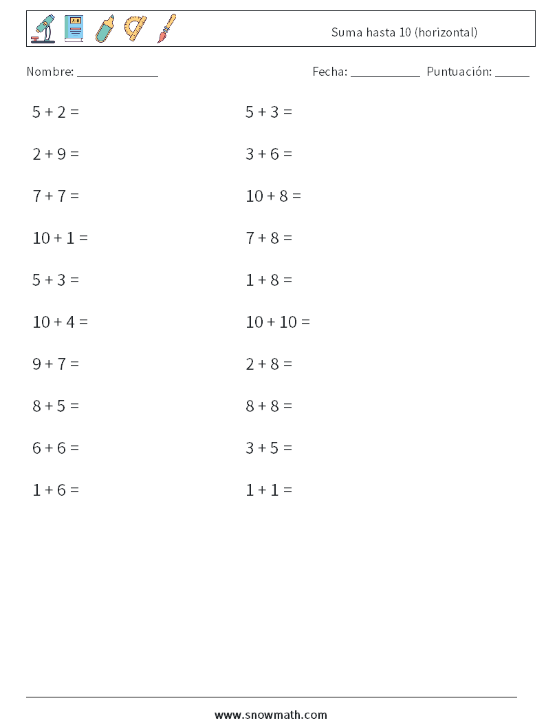 (20) Suma hasta 10 (horizontal) Hojas de trabajo de matemáticas 8
