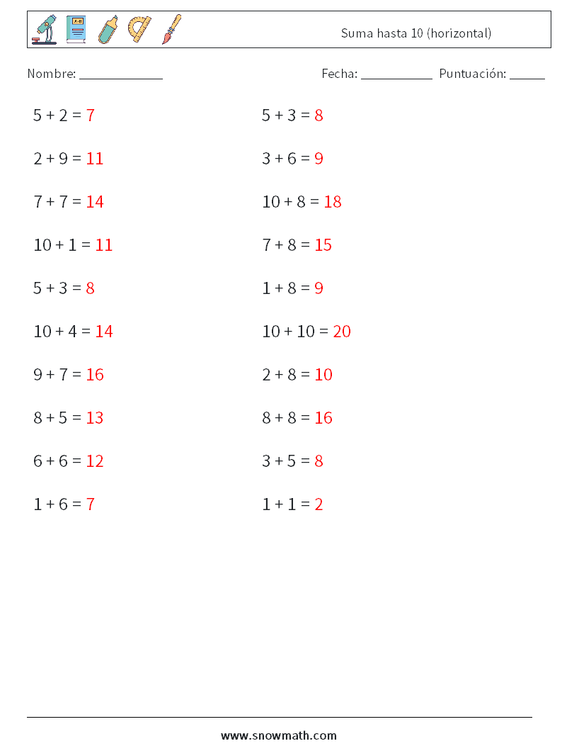 (20) Suma hasta 10 (horizontal) Hojas de trabajo de matemáticas 8 Pregunta, respuesta