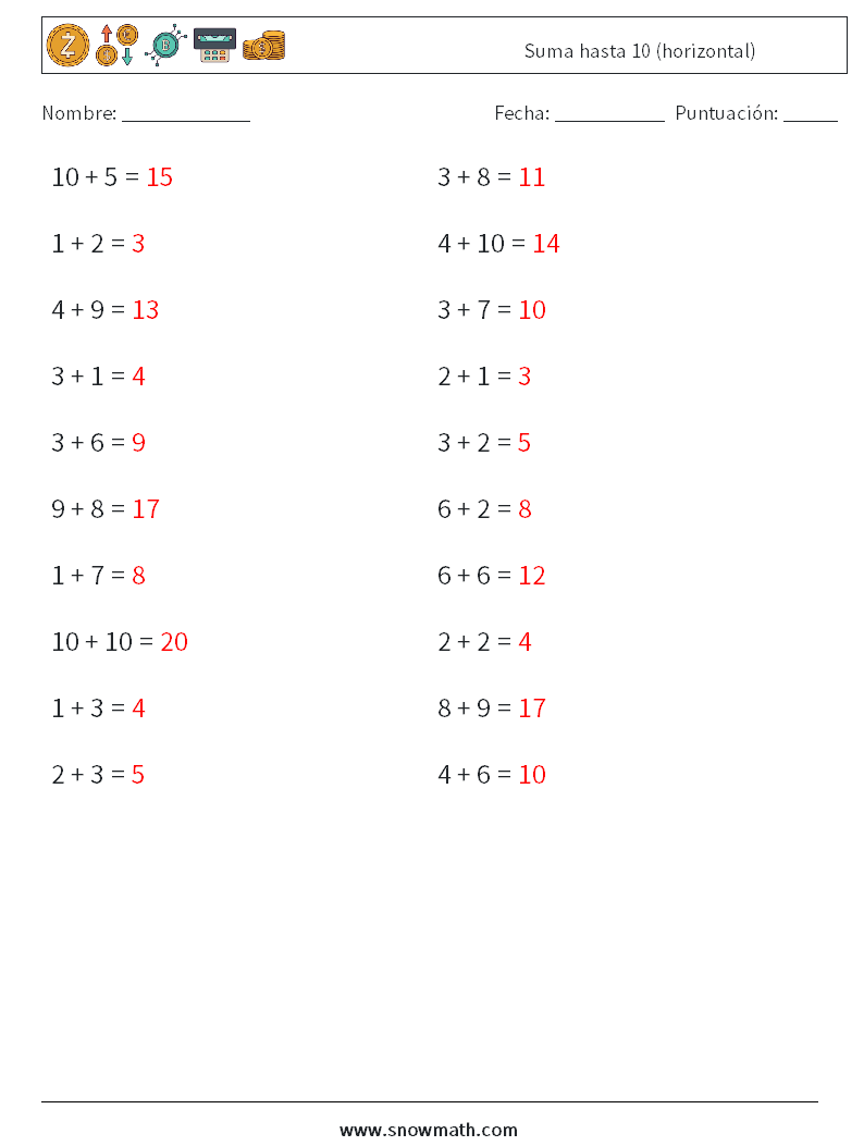 (20) Suma hasta 10 (horizontal) Hojas de trabajo de matemáticas 9 Pregunta, respuesta