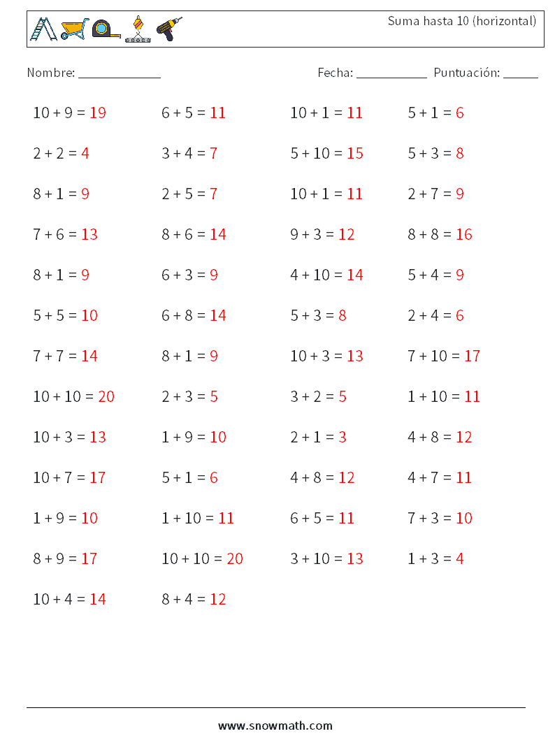 (50) Suma hasta 10 (horizontal) Hojas de trabajo de matemáticas 1 Pregunta, respuesta