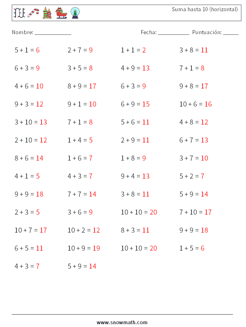 (50) Suma hasta 10 (horizontal) Hojas de trabajo de matemáticas 2 Pregunta, respuesta