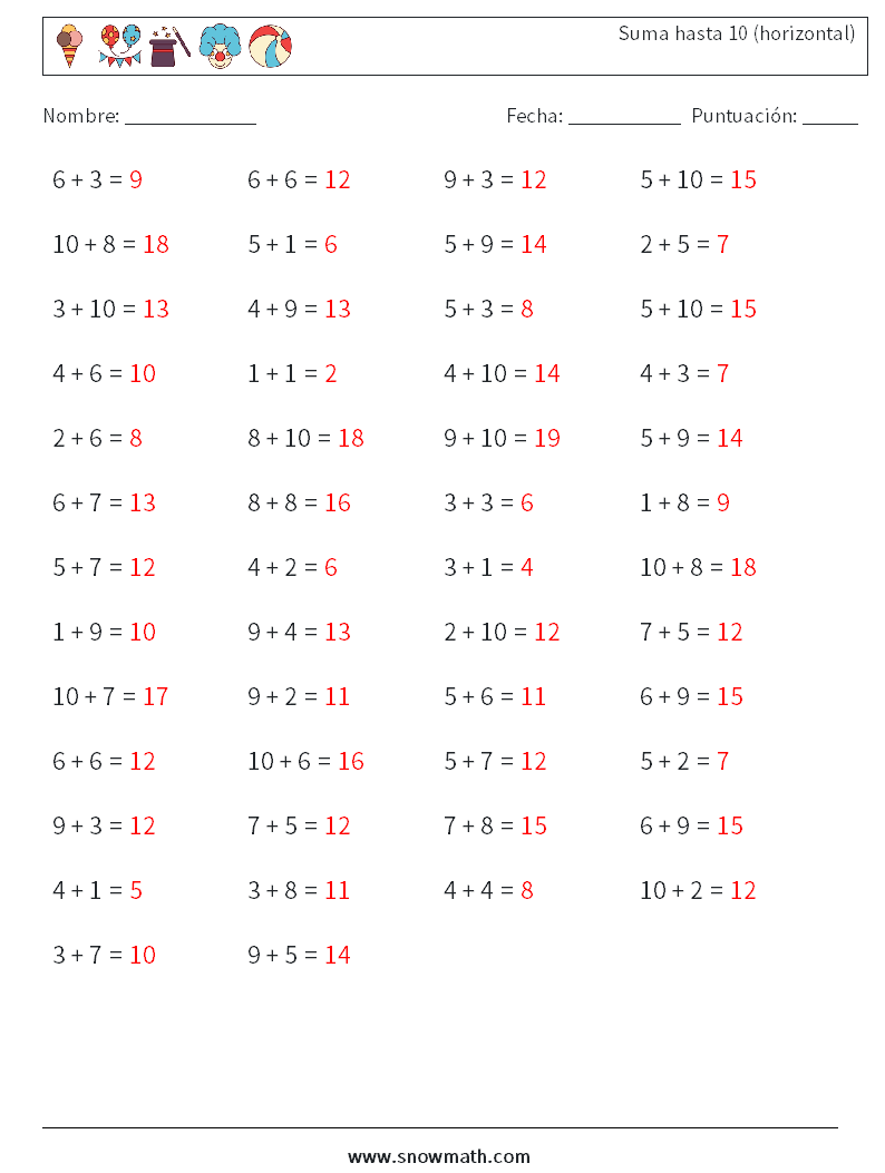 (50) Suma hasta 10 (horizontal) Hojas de trabajo de matemáticas 3 Pregunta, respuesta