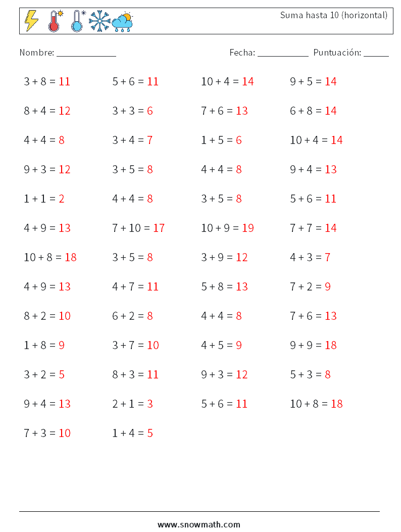 (50) Suma hasta 10 (horizontal) Hojas de trabajo de matemáticas 5 Pregunta, respuesta