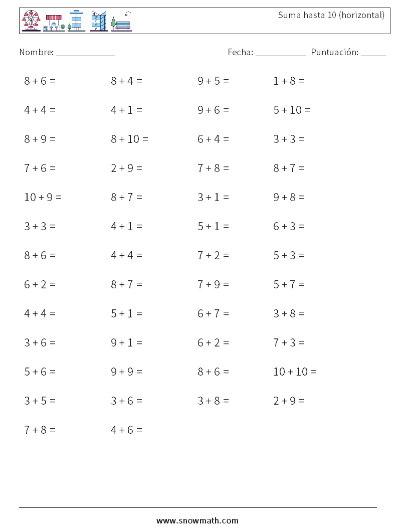 (50) Suma hasta 10 (horizontal) Hojas de trabajo de matemáticas 6