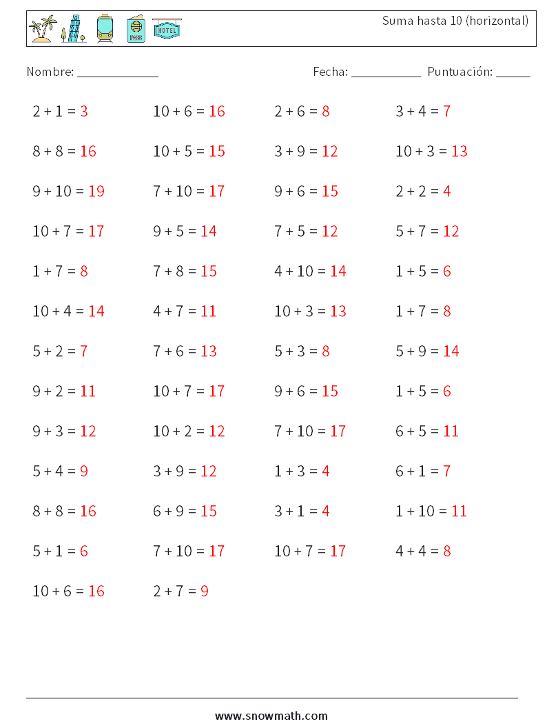 (50) Suma hasta 10 (horizontal) Hojas de trabajo de matemáticas 8 Pregunta, respuesta