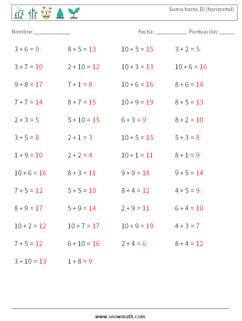 (50) Suma hasta 10 (horizontal) Hojas de trabajo de matemáticas 9 Pregunta, respuesta