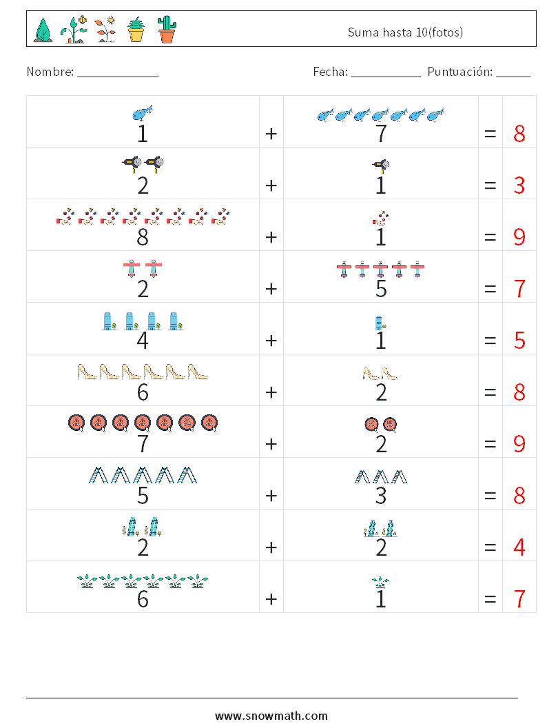 Suma hasta 10(fotos) Hojas de trabajo de matemáticas 11 Pregunta, respuesta