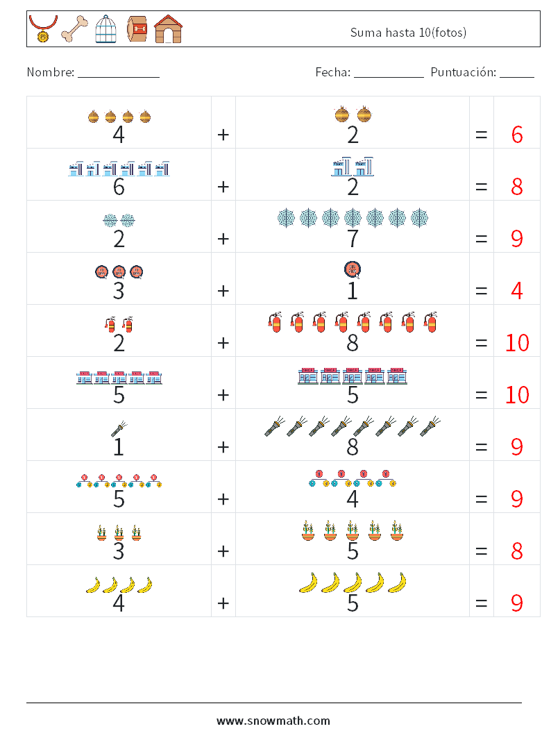 Suma hasta 10(fotos) Hojas de trabajo de matemáticas 15 Pregunta, respuesta