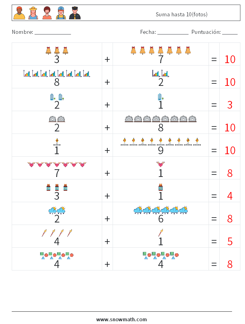 Suma hasta 10(fotos) Hojas de trabajo de matemáticas 16 Pregunta, respuesta