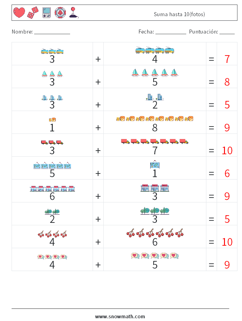 Suma hasta 10(fotos) Hojas de trabajo de matemáticas 17 Pregunta, respuesta