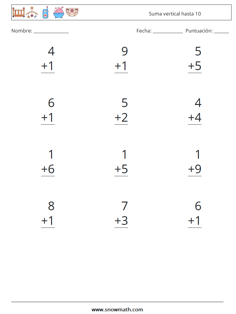 (12) Suma vertical hasta 10 Hojas de trabajo de matemáticas 2