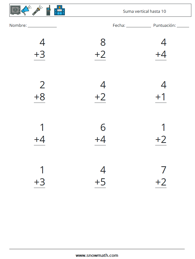 (12) Suma vertical hasta 10 Hojas de trabajo de matemáticas 9