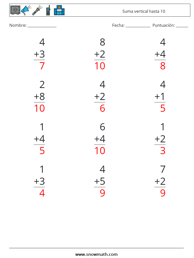 (12) Suma vertical hasta 10 Hojas de trabajo de matemáticas 9 Pregunta, respuesta
