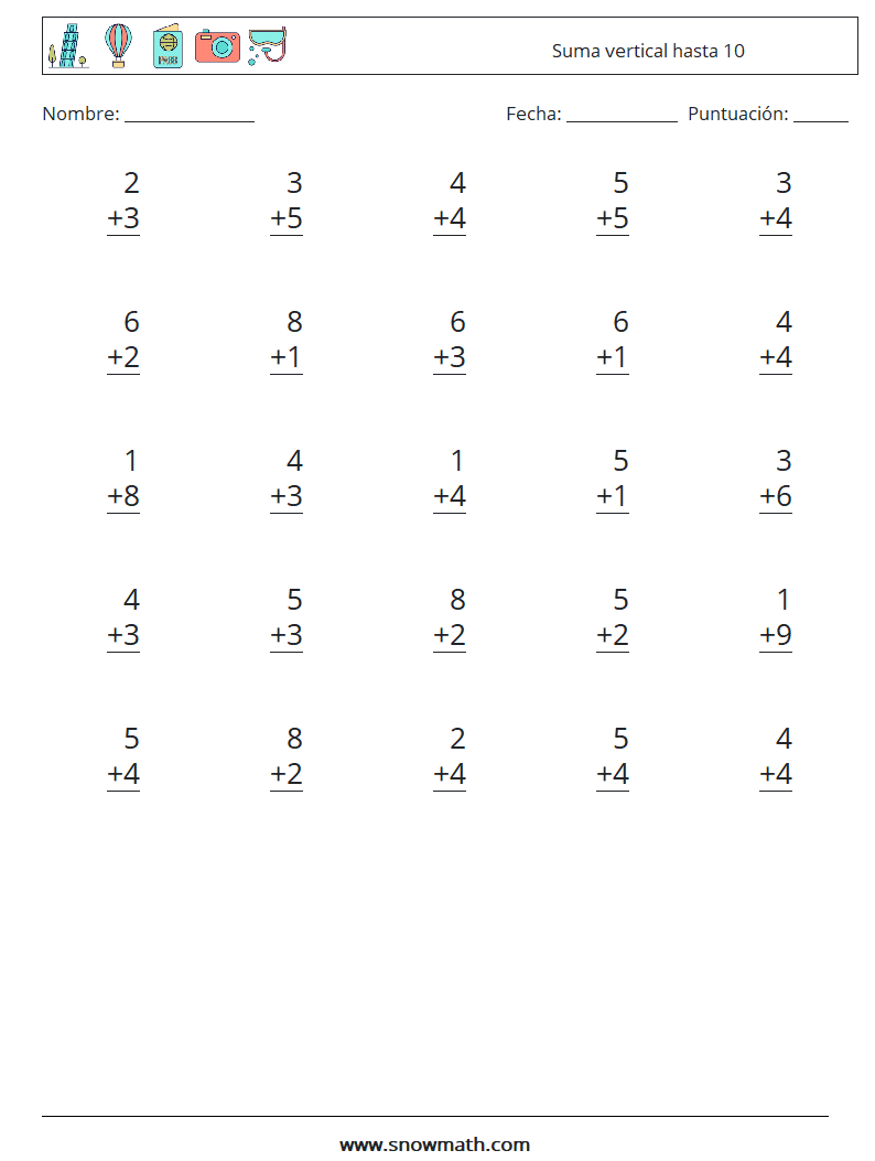 (25) Suma vertical hasta 10 Hojas de trabajo de matemáticas 5