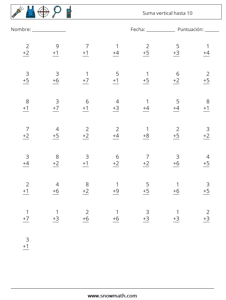 (50) Suma vertical hasta 10 Hojas de trabajo de matemáticas 2