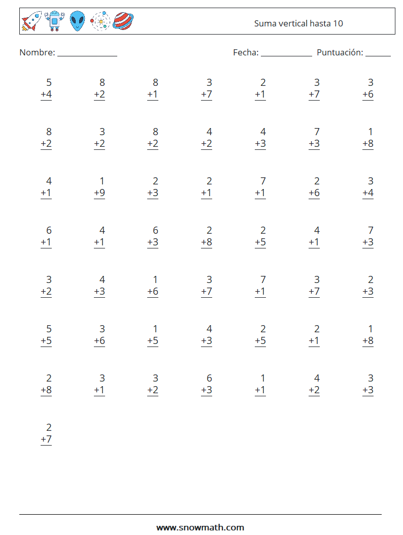 (50) Suma vertical hasta 10 Hojas de trabajo de matemáticas 4