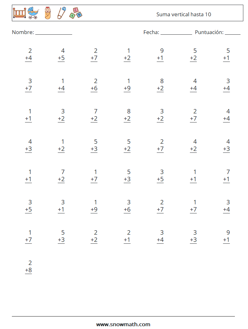 (50) Suma vertical hasta 10 Hojas de trabajo de matemáticas 5