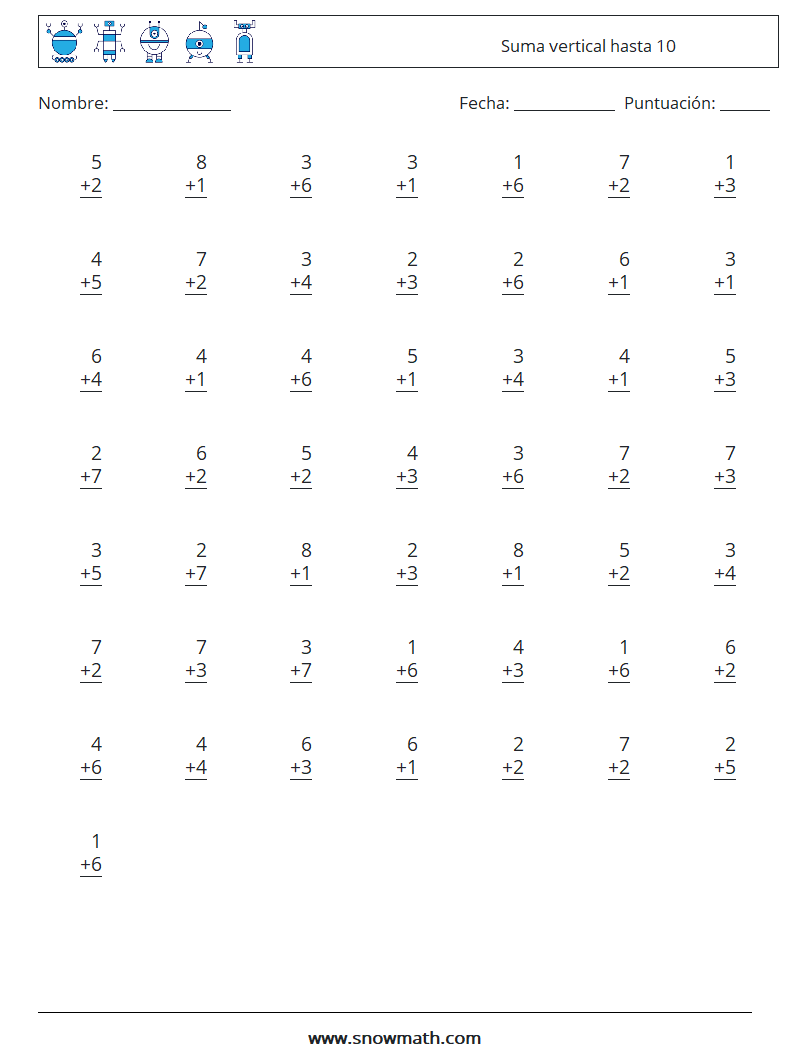 (50) Suma vertical hasta 10 Hojas de trabajo de matemáticas 6
