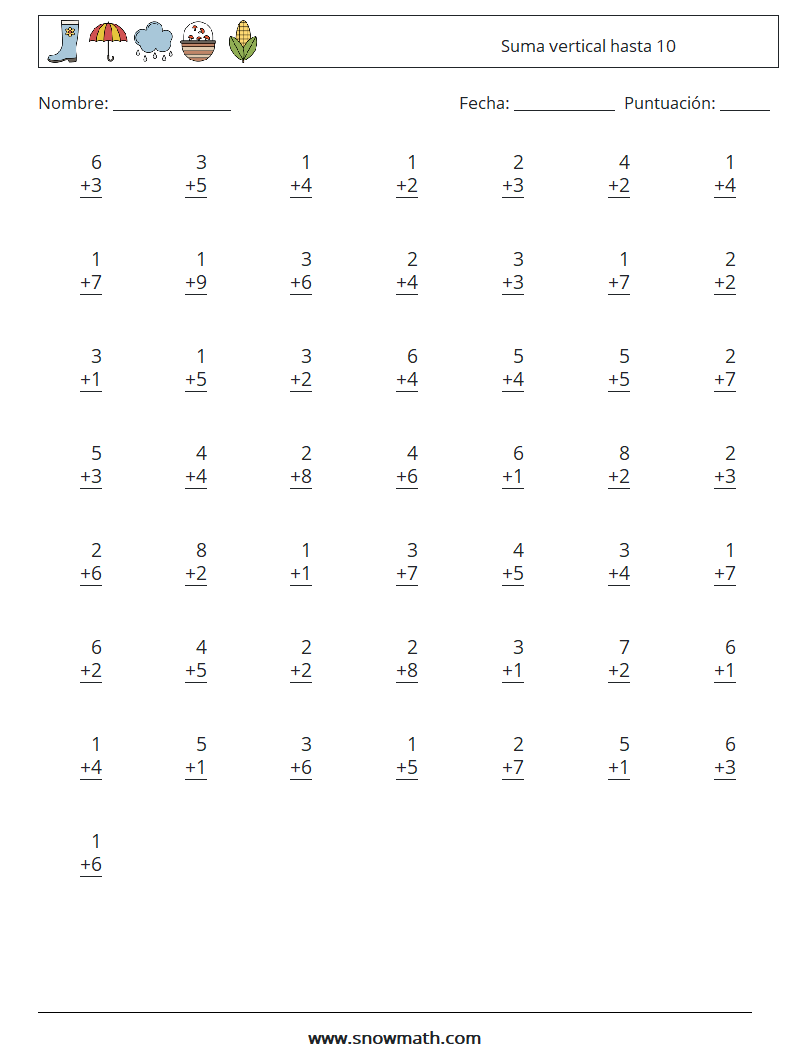 (50) Suma vertical hasta 10 Hojas de trabajo de matemáticas 7