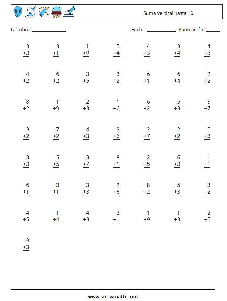(50) Suma vertical hasta 10 Hojas de trabajo de matemáticas 8