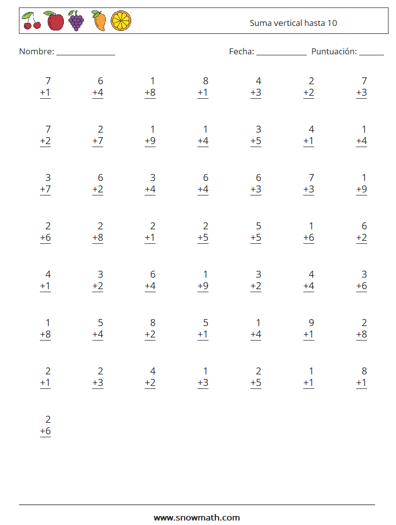 (50) Suma vertical hasta 10 Hojas de trabajo de matemáticas 9