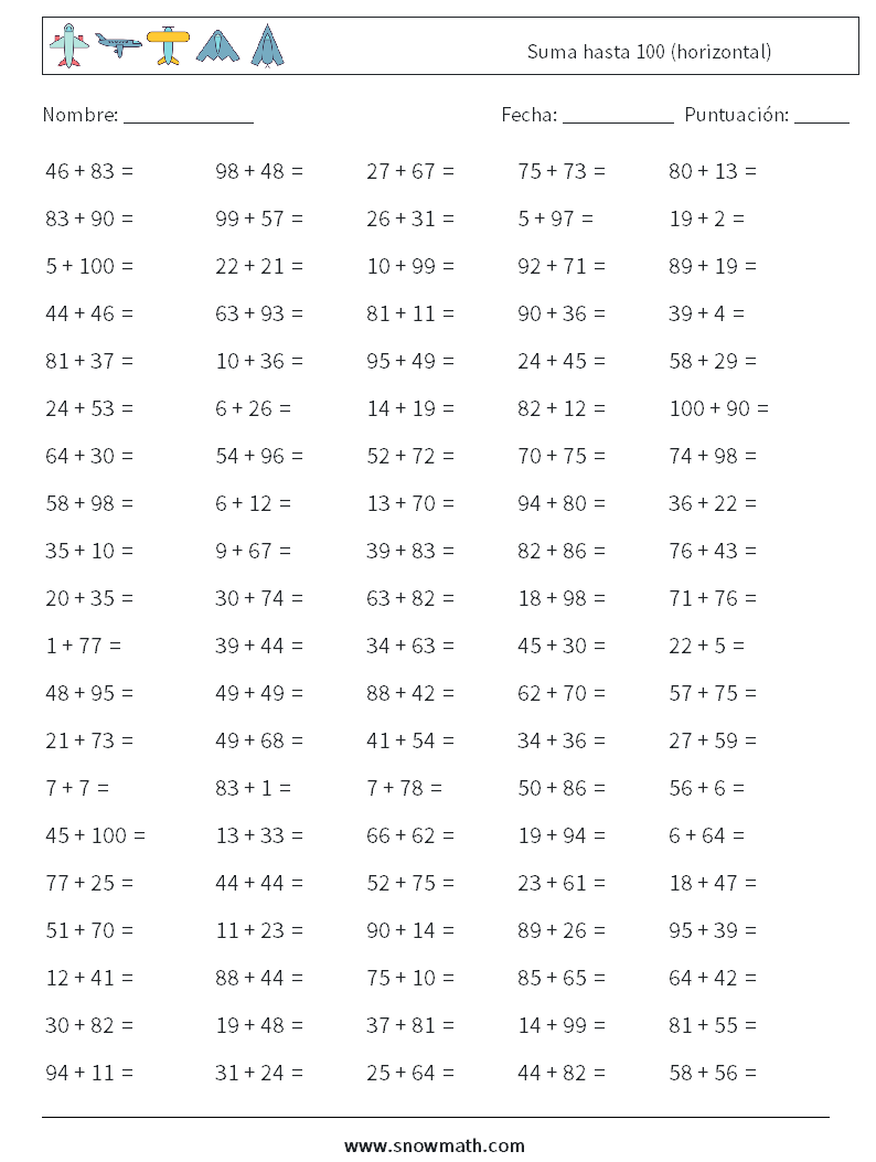 (100) Suma hasta 100 (horizontal) Hojas de trabajo de matemáticas 2