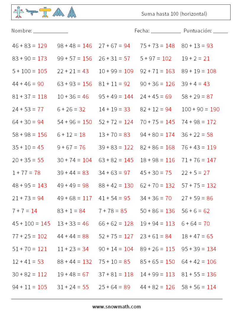 (100) Suma hasta 100 (horizontal) Hojas de trabajo de matemáticas 2 Pregunta, respuesta