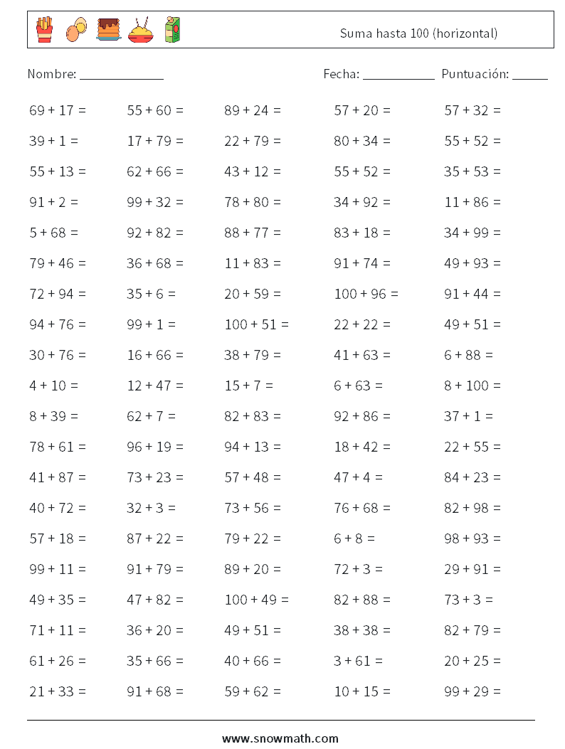 (100) Suma hasta 100 (horizontal) Hojas de trabajo de matemáticas 3