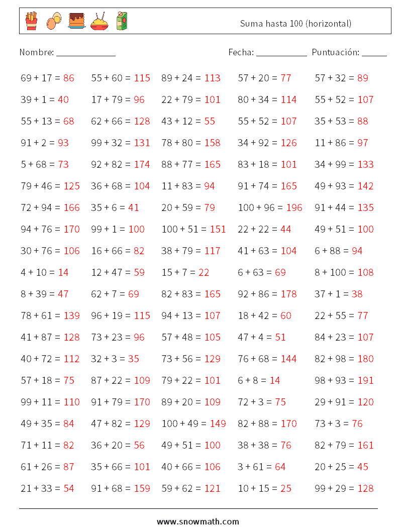 (100) Suma hasta 100 (horizontal) Hojas de trabajo de matemáticas 3 Pregunta, respuesta