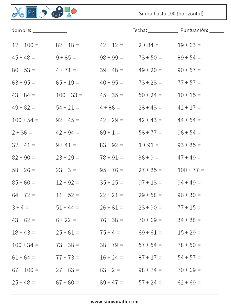 (100) Suma hasta 100 (horizontal) Hojas de trabajo de matemáticas 4