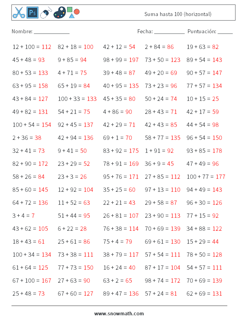 (100) Suma hasta 100 (horizontal) Hojas de trabajo de matemáticas 4 Pregunta, respuesta