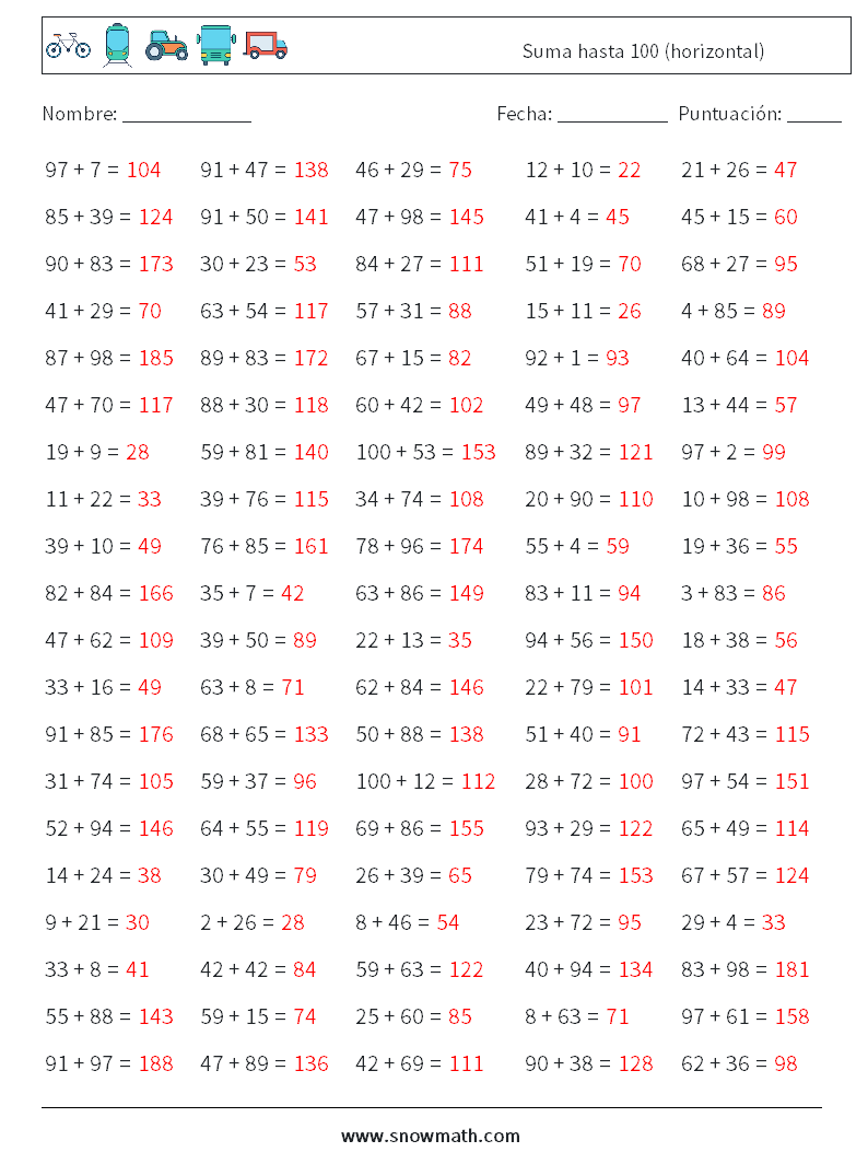 (100) Suma hasta 100 (horizontal) Hojas de trabajo de matemáticas 5 Pregunta, respuesta
