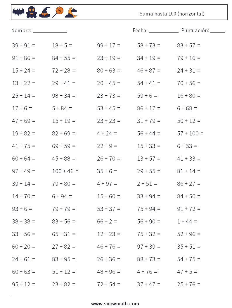(100) Suma hasta 100 (horizontal) Hojas de trabajo de matemáticas 6