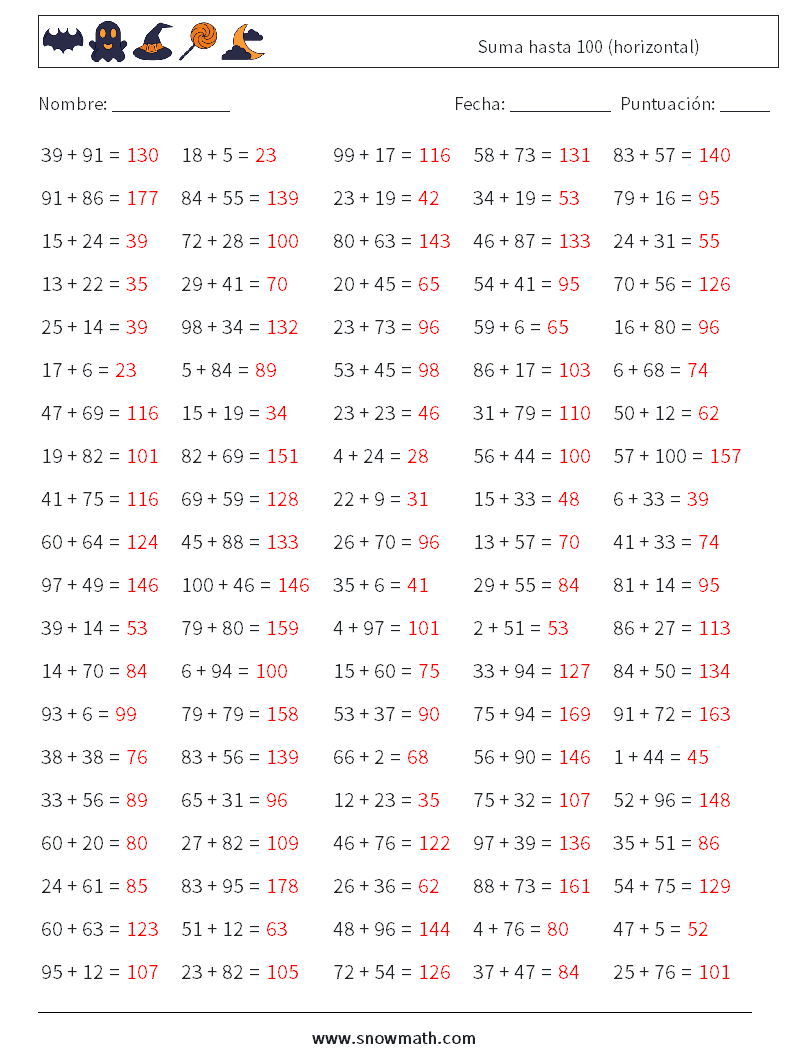 (100) Suma hasta 100 (horizontal) Hojas de trabajo de matemáticas 6 Pregunta, respuesta