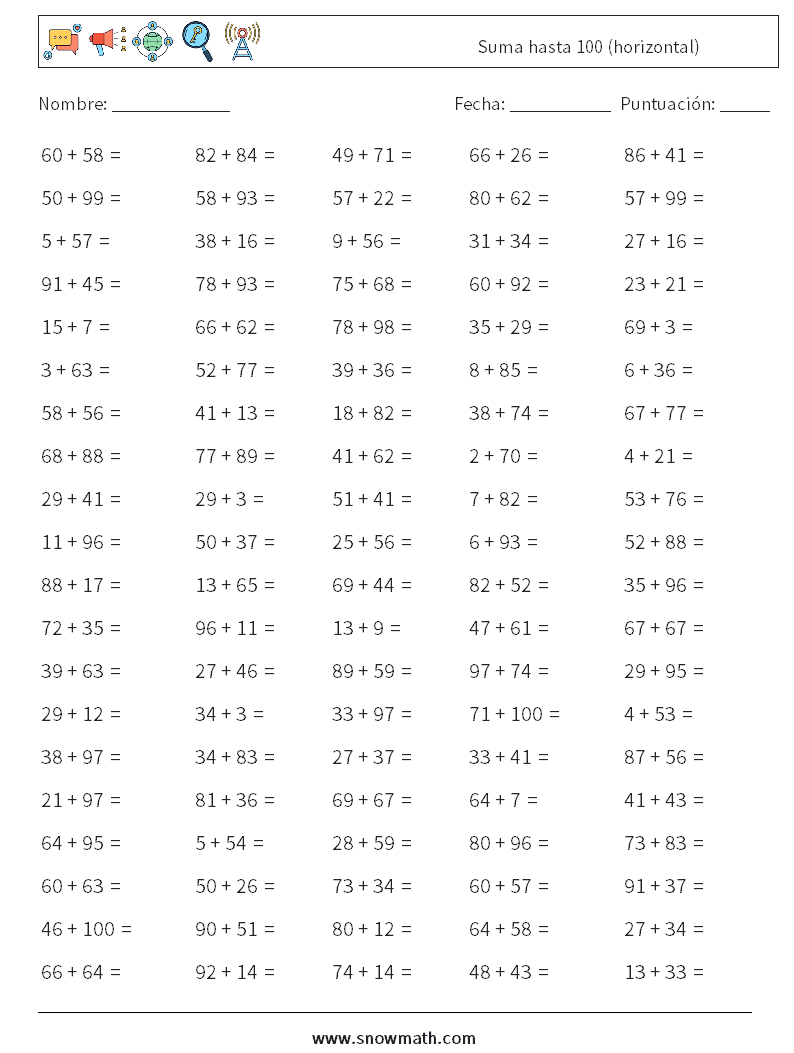 (100) Suma hasta 100 (horizontal) Hojas de trabajo de matemáticas 7
