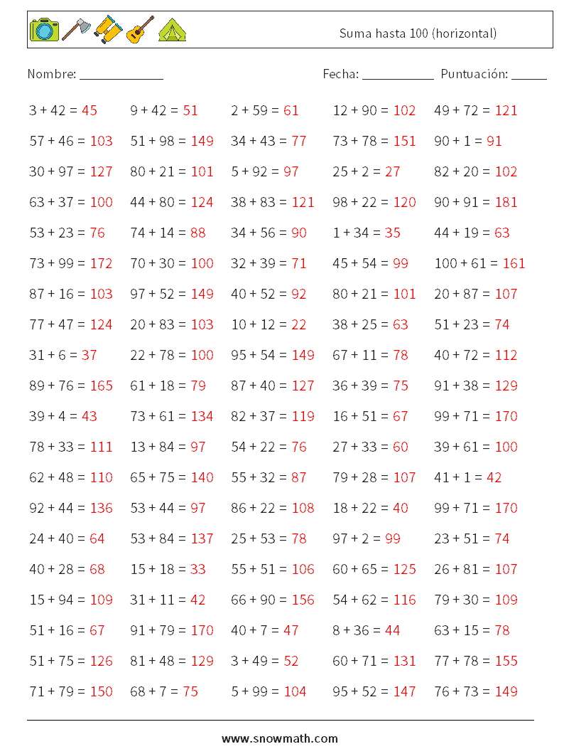 (100) Suma hasta 100 (horizontal) Hojas de trabajo de matemáticas 8 Pregunta, respuesta