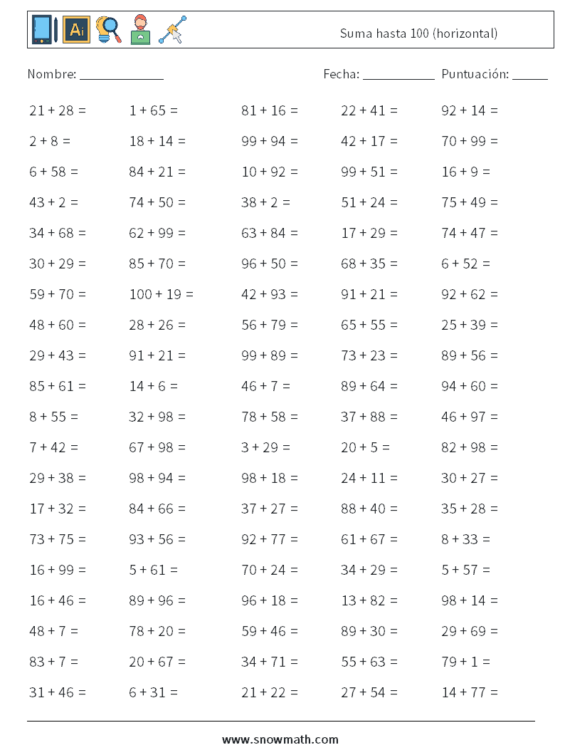 (100) Suma hasta 100 (horizontal) Hojas de trabajo de matemáticas 9