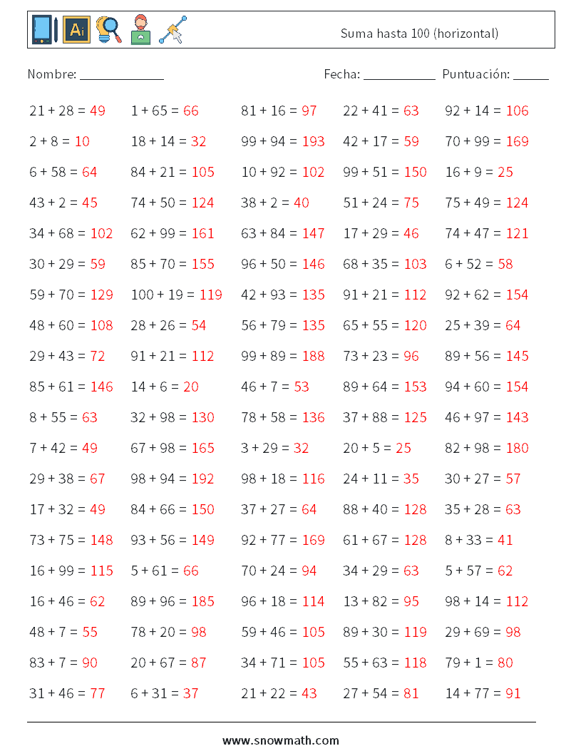 (100) Suma hasta 100 (horizontal) Hojas de trabajo de matemáticas 9 Pregunta, respuesta