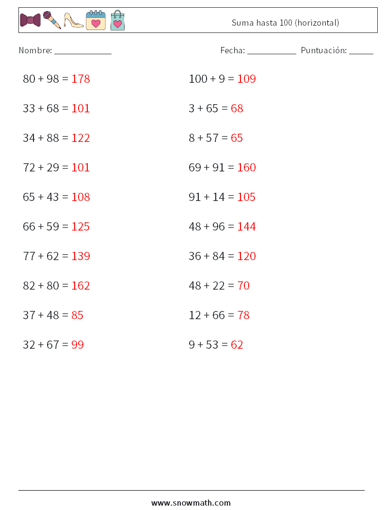 (20) Suma hasta 100 (horizontal) Hojas de trabajo de matemáticas 3 Pregunta, respuesta