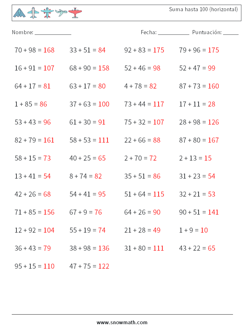 (50) Suma hasta 100 (horizontal) Hojas de trabajo de matemáticas 1 Pregunta, respuesta