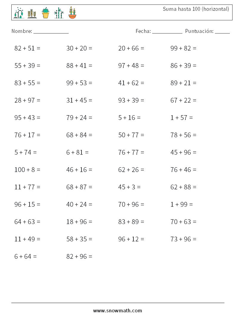(50) Suma hasta 100 (horizontal) Hojas de trabajo de matemáticas 2
