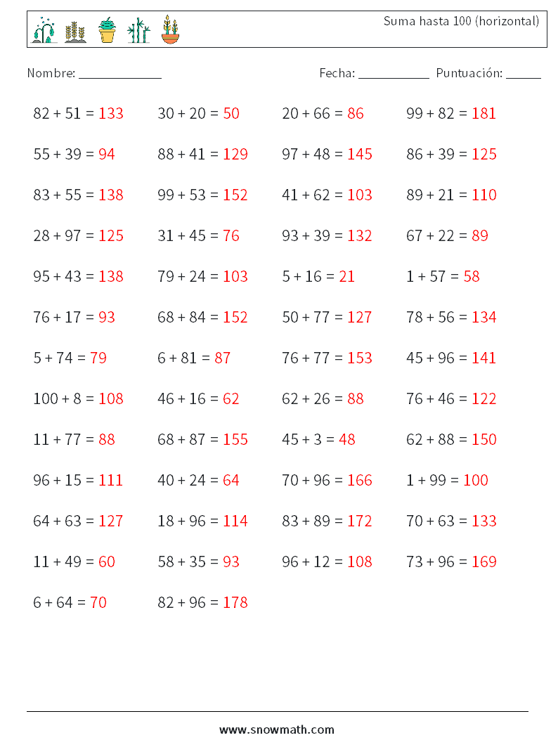 (50) Suma hasta 100 (horizontal) Hojas de trabajo de matemáticas 2 Pregunta, respuesta