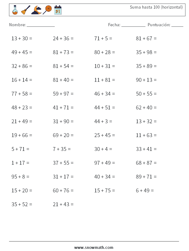 (50) Suma hasta 100 (horizontal) Hojas de trabajo de matemáticas 3