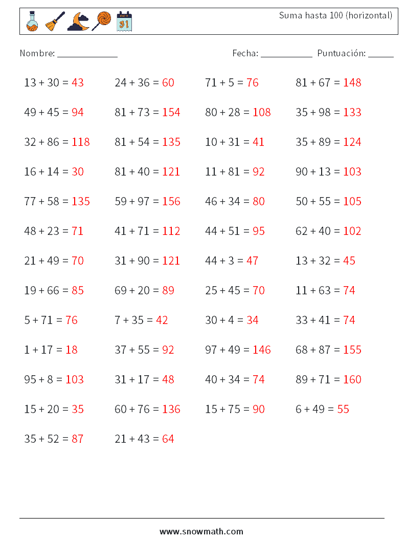 (50) Suma hasta 100 (horizontal) Hojas de trabajo de matemáticas 3 Pregunta, respuesta