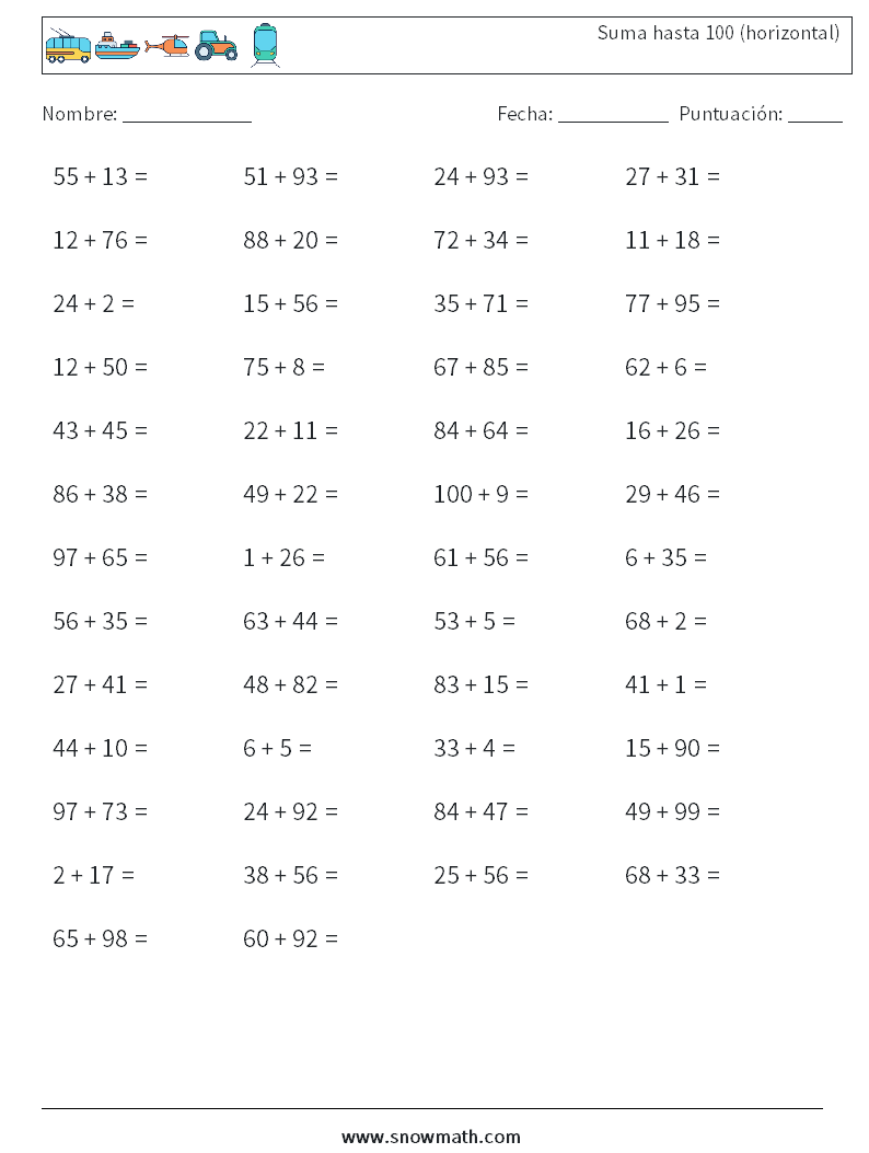 (50) Suma hasta 100 (horizontal) Hojas de trabajo de matemáticas 4