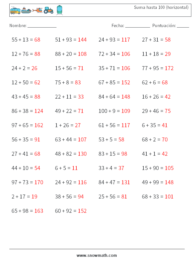 (50) Suma hasta 100 (horizontal) Hojas de trabajo de matemáticas 4 Pregunta, respuesta